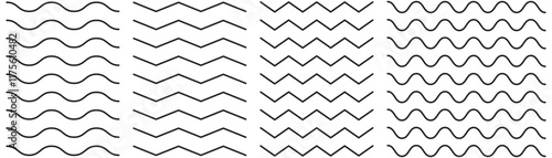 Wave line and wavy zigzag lines. Black underlines wavy curve zig zag line pattern in abstract style. Geometric decoration element