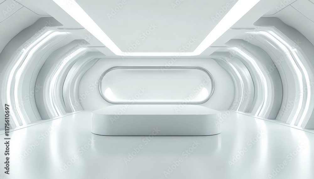 Fototapeta premium Futuristic White Room Modern Architecture Empty Display Platform Clean Interior Design