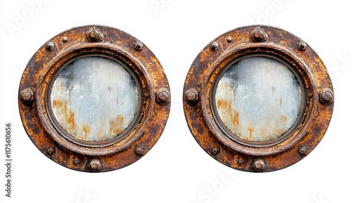 Rusty Metal Portholes Secured with Bolts on White Background