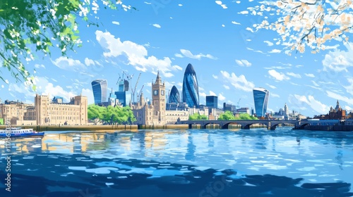 London cityscape river view with buildings, boats, trees and clear sky.