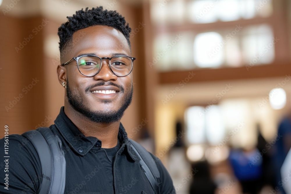Obraz premium Confident young student with glasses in a university setting. Black History Month