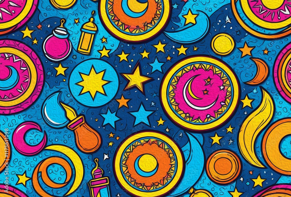 Fototapeta premium Printable pattern for wall decorations, covers, wallpapers, greeting cards on the occasion of a Muslim holiday. Ramadan . Oil painting