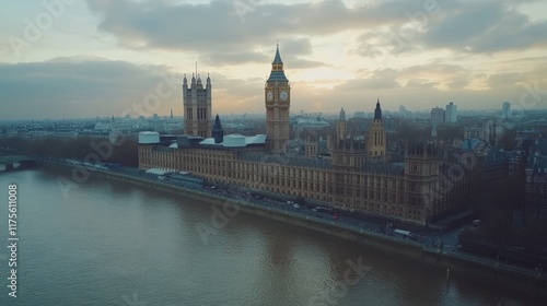 London cityscape with parliament, Big Ben, river Thames at sunrise.