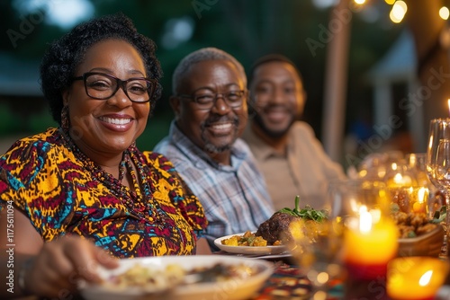 Family gathering enjoying a festive meal with joyful togetherness and celebratory atmosphere. Black History Month photo