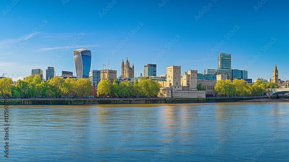 Obraz premium London skyline with modern architecture and river views on a sunny day.