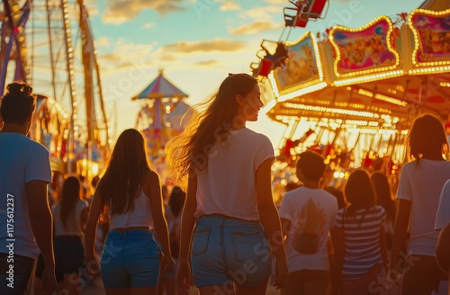 Amusement Park. Bright carnival scenes with cheerful crowds enjoying rides and vibrant attractions, AI generated image