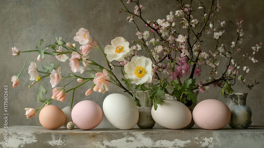 Pastel Easter eggs with fresh flowers in a serene tabletop composition Pastel Easter eggs with fresh flowers in a serene tabletop composition
