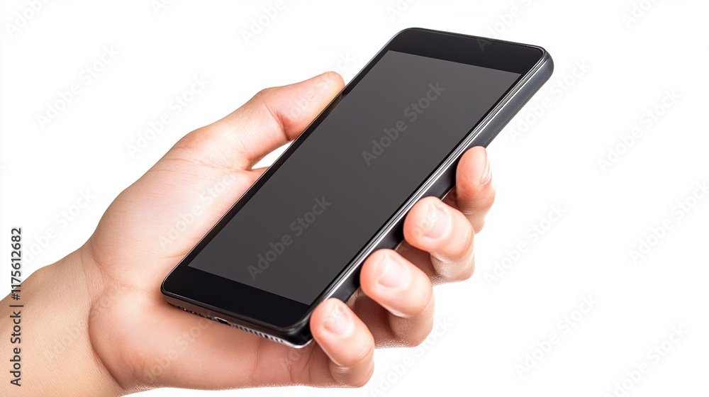 Blank smartphone screen in hand on white background, representing business, finance, and technology. High-quality premium image. Blank smartphone screen in hand on white background, representing business, finance, and technology. High-quality premium image.