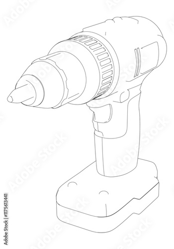 Power Drill Line Art Vector Illustration on White Background. Precision Design for Carpentry, DIY Projects, and Industrial Use