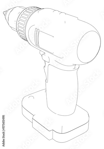 Power Drill Line Art Vector Illustration on White Background. Precision Design for Carpentry, DIY Projects, and Industrial Use