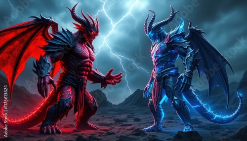 Epic Battle of Fire and Ice: Clash Between the Red Demon and Blue Devil Amidst a Stormy Sky. Devil and Angle photo