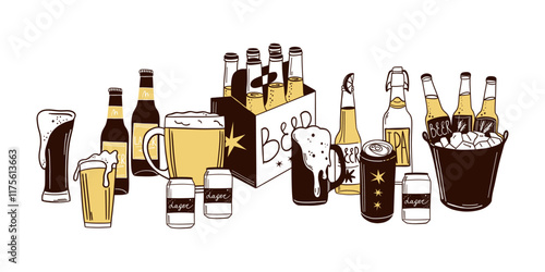 Beer set. Bottle, glass and can. Alcohol beverages, ale, lager and ipa, craft foam barrel or brewery. Oktoberfest festival symbols. Different bub and bar drinks. Vector isolated illustration
