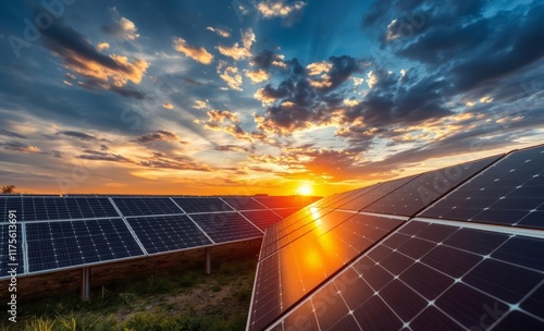 Solar panels, dramatic sunset, vibrant sky, clouds, renewable energy, golden hour, sunbeams, clean power, photovoltaic farm, rural landscape, environmental sustainability, technological advancement, s photo