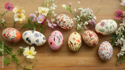 Spring-themed Easter eggs and flowers displayed artfully on a wooden surface photo