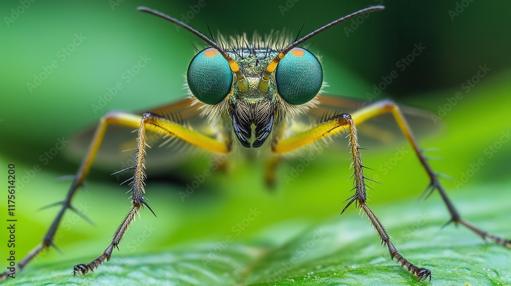 Fototapeta premium Close-up of flycatcher insect with spiny body and vibrant eyes on leaf.