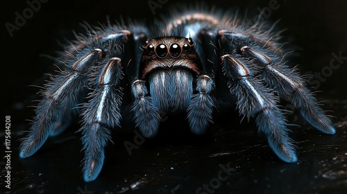 Hairy tarantula close-up with detailed legs and eyes for nature and wildlife exploration. photo