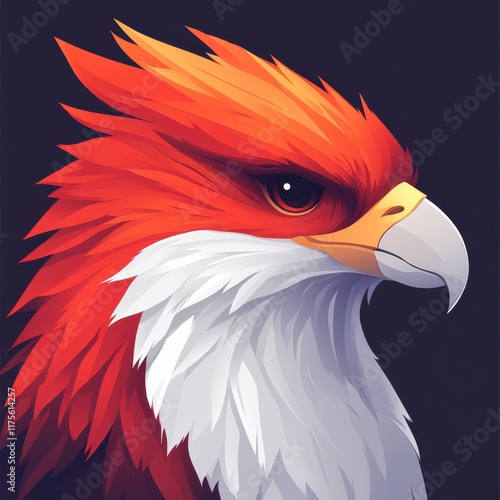 Fiery red eagle head profile, sharp gaze, detailed feathers. photo