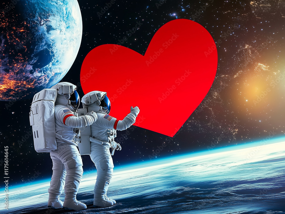 Obraz premium Two astronauts holding a red heart in a captivating space setting