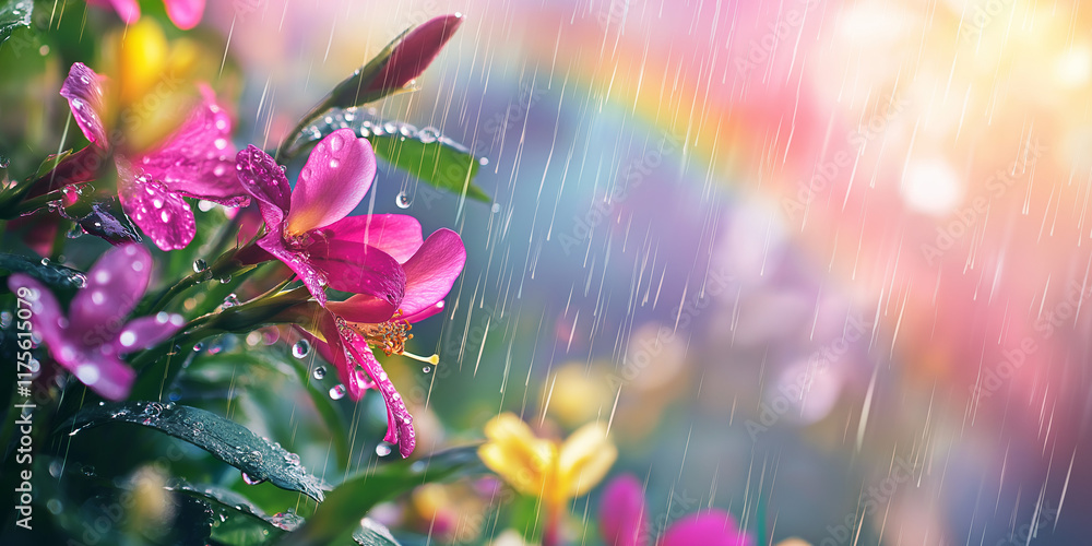 Background of a spring rain shower, with raindrops falling on blooming flowers and a rainbow Background of a spring rain shower, with raindrops falling on blooming flowers and a rainbow