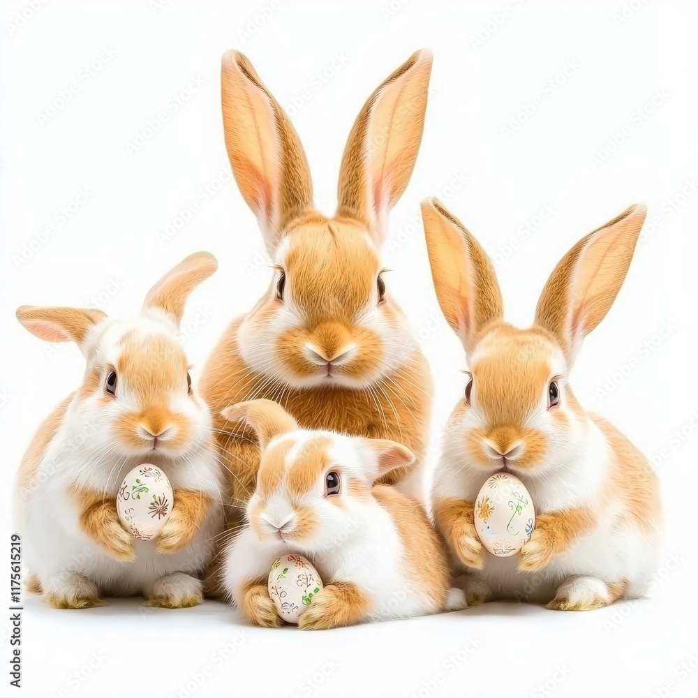 Fototapeta premium Four adorable bunnies with Easter eggs