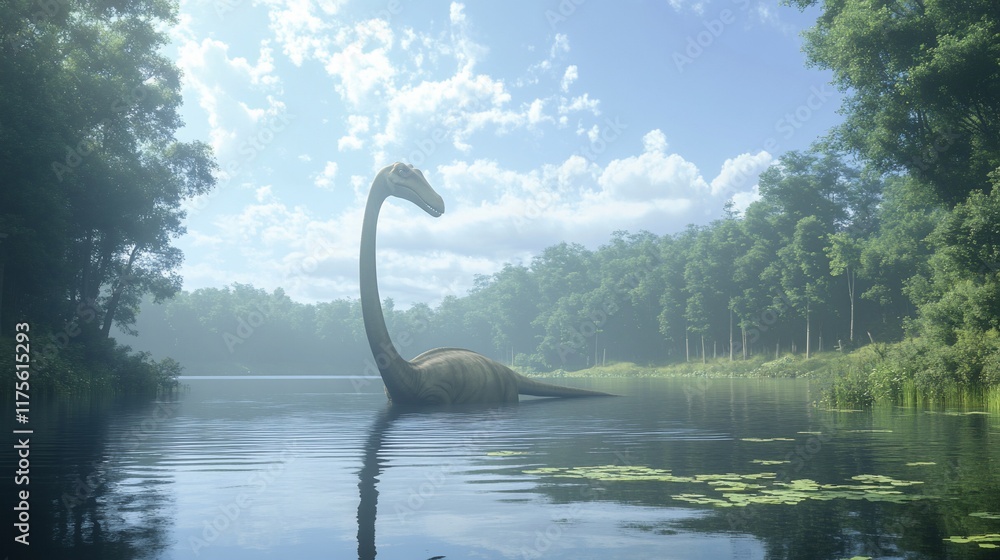 A serene scene depicting a long-necked dinosaur emerging from a calm lake surrounded by trees. A serene scene depicting a long-necked dinosaur emerging from a calm lake surrounded by trees.