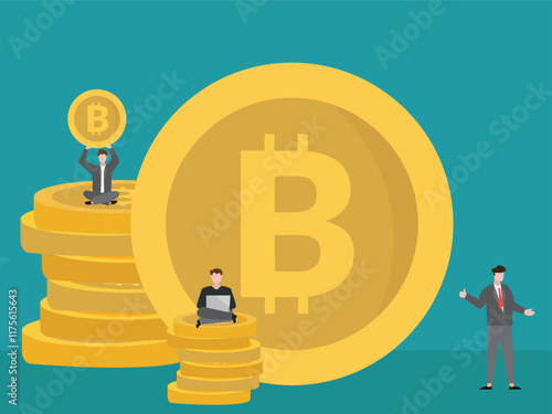 business people sitting on bitcoin, people using laptop and smartphone for online funding and making investments for bitcoin. Digital Money. Cryptocurrency Investment Concept.