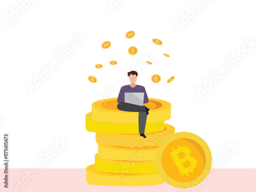businessman sitting on bitcoin and using laptop for online funding and making investments for bitcoin. Digital Money. Cryptocurrency Investment Concept.