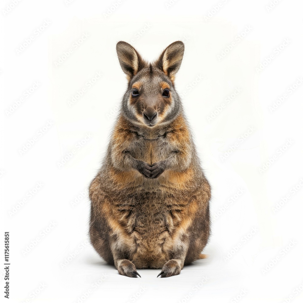 Adorable swamp wallaby sitting on a seamless white background, keeping its paws together Adorable swamp wallaby sitting on a seamless white background, keeping its paws together
