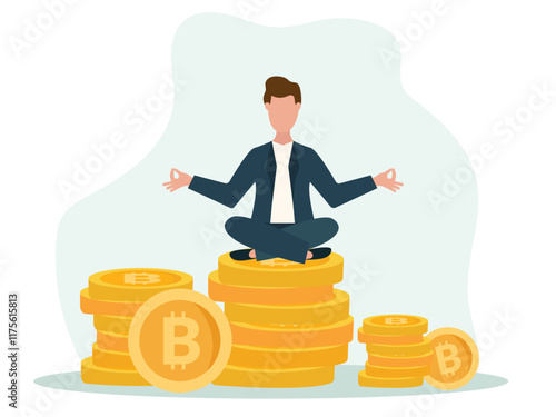 relaxed businessman sitting in lotus potion on bitcoin and meditating. Digital Money. Cryptocurrency Investment Concept.