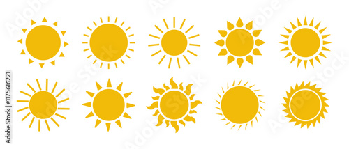 Sun vector illustration set in yellow color. Sun icon set. Yellow sun icons. Sunset icon collection. Yellow sun star icons. Solar energy. Vector illustration