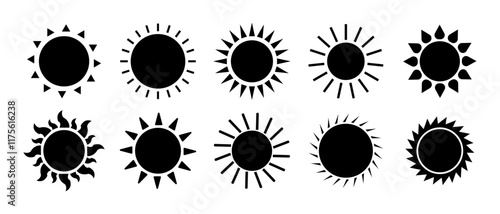 Sun vector silhouette set in black colour. Sun icon set. Black sun icon collection. Summer, sunlight, nature, weather icon sky. Vector illustration isolated on white background.