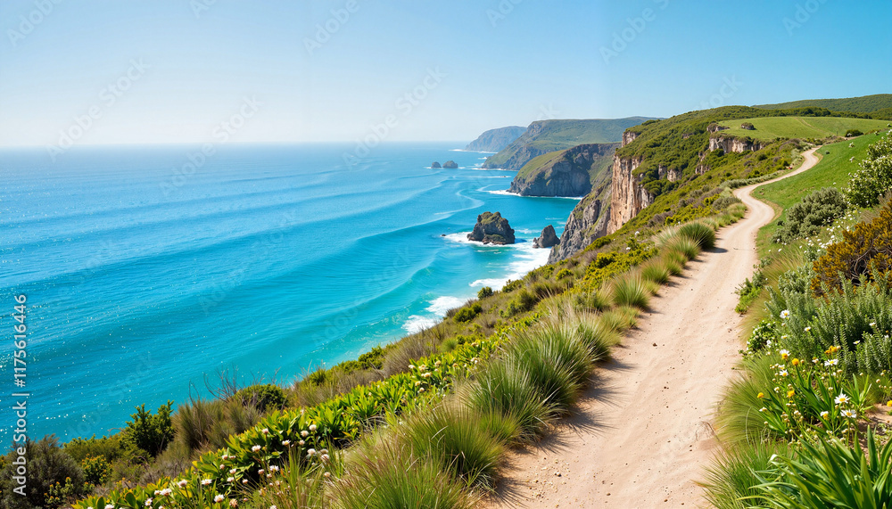 Scenic cliffside path overlooking vibrant ocean view, natural beauty Scenic cliffside path overlooking vibrant ocean view, natural beauty