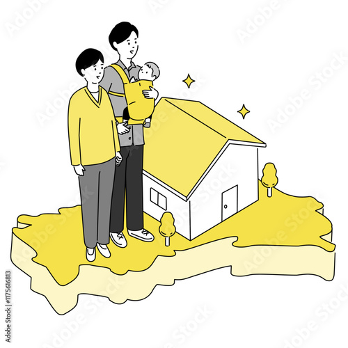 山口県の地図と若い家族・家のイラスト、ベクター