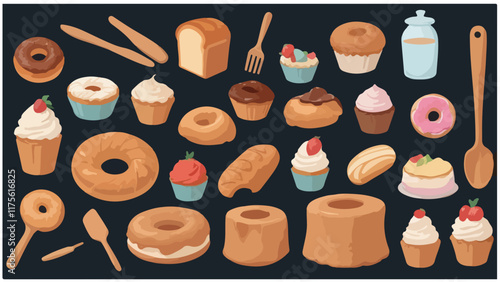 A vector illustration featuring various pastries, bread, cupcakes, and baking tools on a dark background, arranged in a decorative composition.