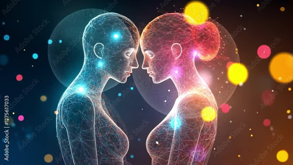 A bright network of lines and shining spots illuminates the bodies of two digital human characters as they embrace.