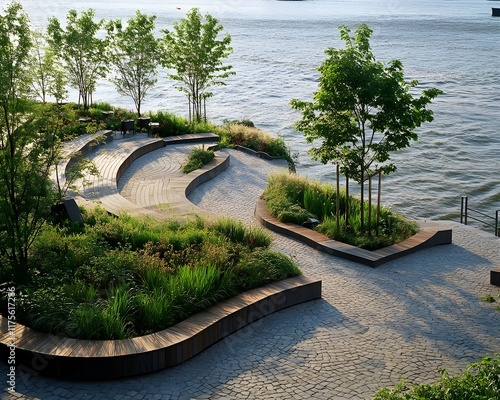 Serene Waterfront Park with Wooden Benches and Lush Greenery photo