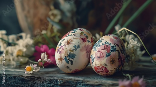Artistic Easter egg arrangement with floral decor on a rustic wood surface