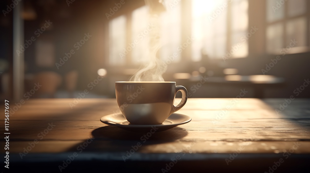 A steaming cup of coffee sits on a wooden table A steaming cup of coffee sits on a wooden table