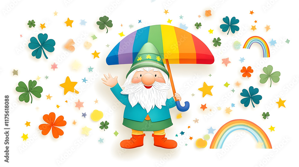 Fototapeta premium cheerful gnome holding rainbow umbrella surrounded by clovers and stars