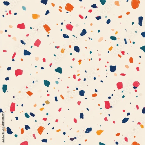 Cheerful carnival-style confetti design featuring multicolored shapes dynamically falling over a warm beige background, creating a seamless festive effect.