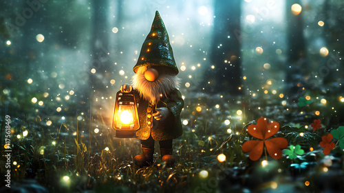 whimsical gnome holding glowing lantern in magical forest setting, surrounded by sparkling lights and flowers