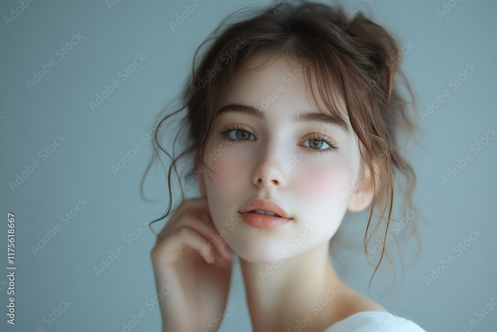 Portrait of beautiful young woman touching her face with hand Portrait of beautiful young woman touching her face with hand
