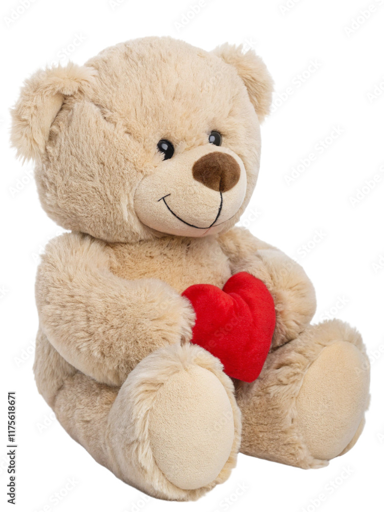 Fototapeta premium Cute beige teddy bear holding a red heart, sitting in three-quarter view, isolated on a transparent background