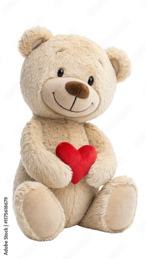 Obraz premium Cute beige teddy bear holding a red heart isolated on a transparent background