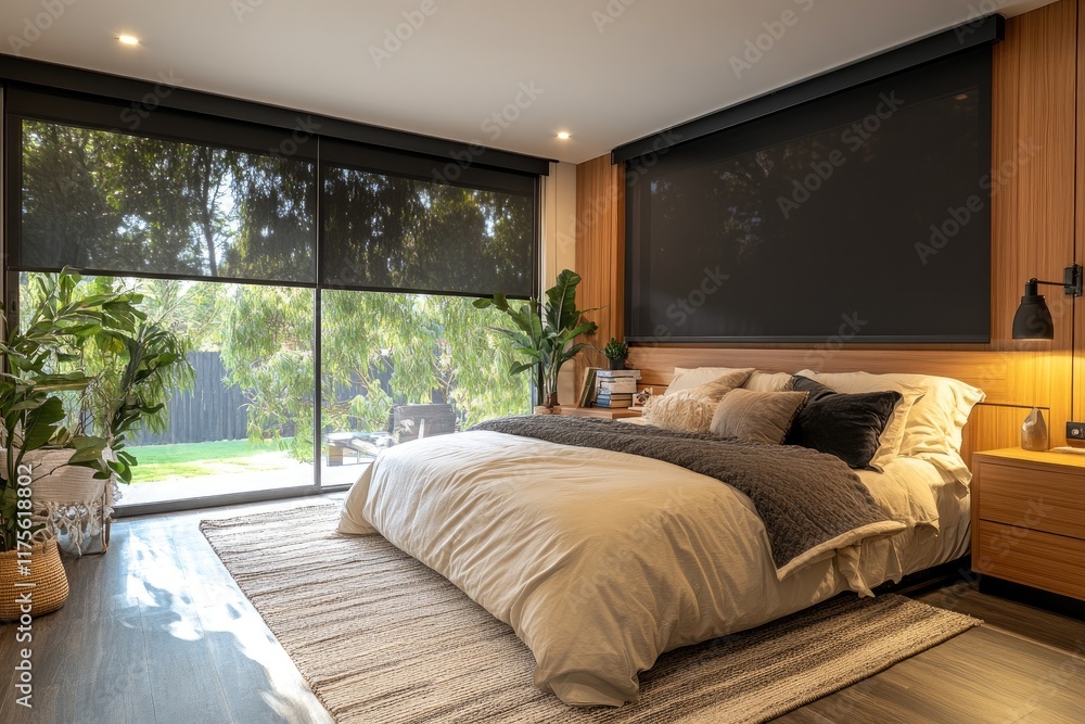 Modern bedroom interior design featuring roller blinds and wood paneling Modern bedroom interior design featuring roller blinds and wood paneling