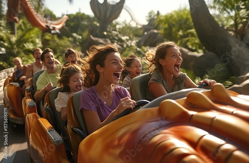 Families and friends enjoy thrilling rollercoaster rides under sunny skies. Amusement Park. AI generated image