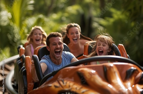 Families and friends enjoy thrilling rollercoaster rides under sunny skies. Amusement Park. AI generated image