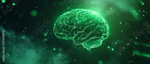 A conceptual glowing brain in green hues, surrounded by ethereal particles, symbolizes intelligence and creativity