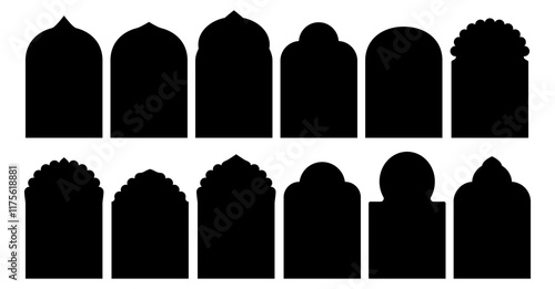 Indian arch window. Islam shape frame for door. Circular, trefoil and cusped arc silhouette element design for gate architecture art. Eastern border portal badge template for traditional graphic.