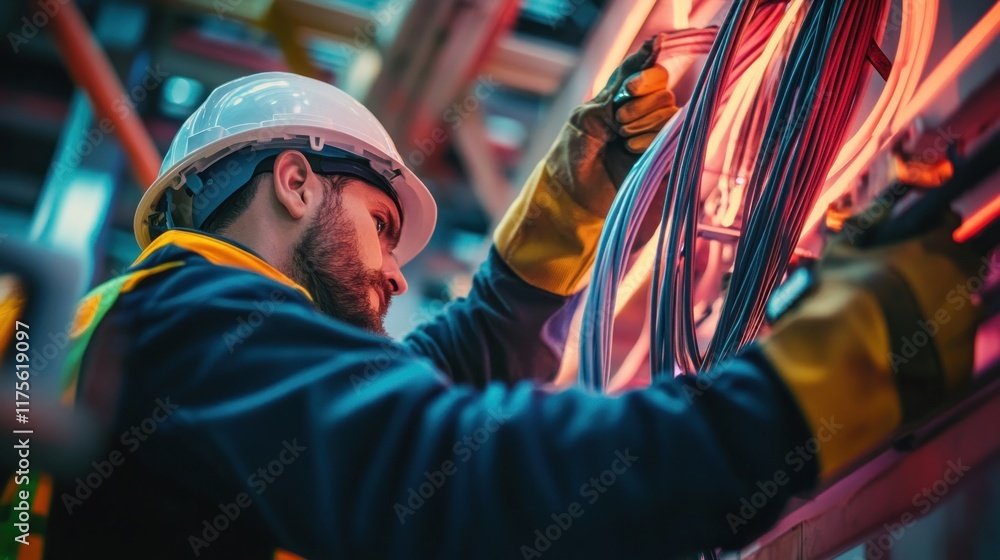 Fototapeta premium Electrician working on complex wiring system in industrial setting.